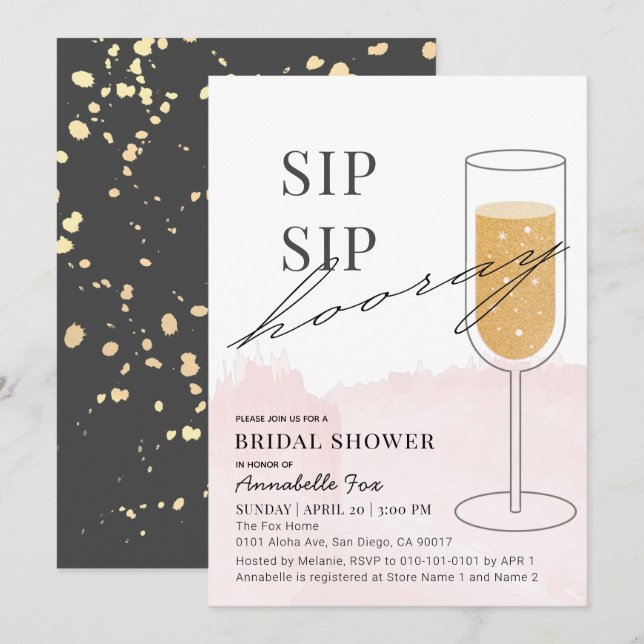 Invitación Sip Sip Hooray Gold Champán Ducha De Novias Rosa (Anverso / Reverso)