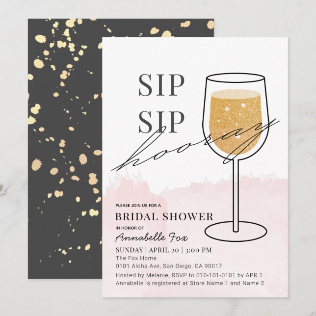 Invitación Sip Sip Hooray Gold Glass Pink Bridal Shower (Anverso / Reverso)