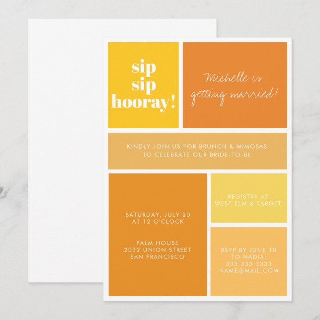 Invitación Sip Sip Hooray Naranja Amarillo Ducha Brunch Brida (Anverso / Reverso)