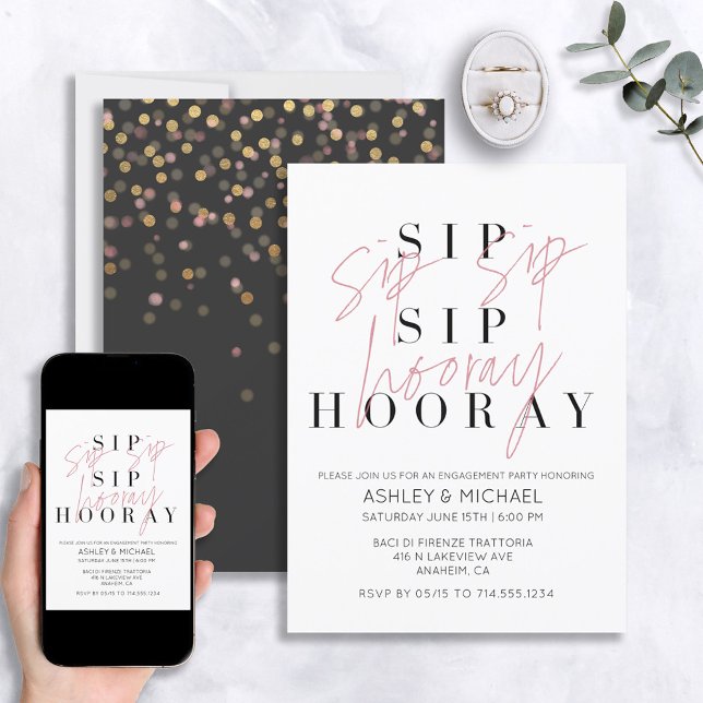 Invitación Sip Sip Hooray Partido de Compromiso Blanco Negro  (Subido por el creador)