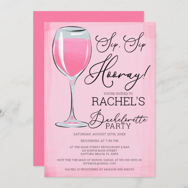 Invitación Sip Sip Hooray Pink Wine Bachelorette (Anverso / Reverso)