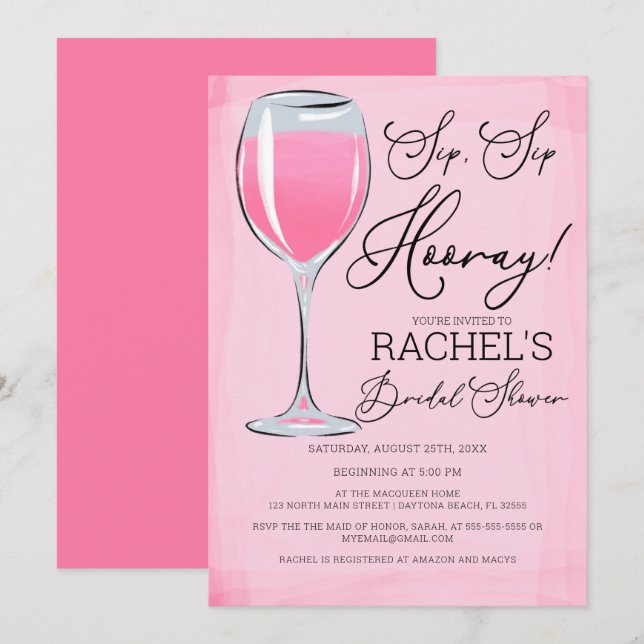 Invitación Sip Sip Hooray Pink Wine Bridal Shower (Anverso / Reverso)