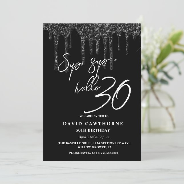 Invitación Sip, sorbo Hola 30 fiesta de cumpleaños de Purpuri (Anverso de pie)