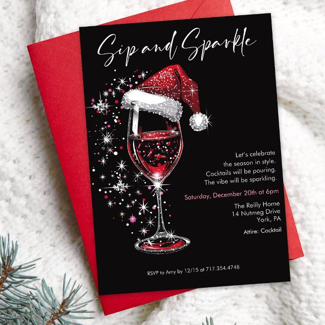 Invitación Sip & Sparkle Holiday Cocktail Party Wine Glass (Subido por el creador)