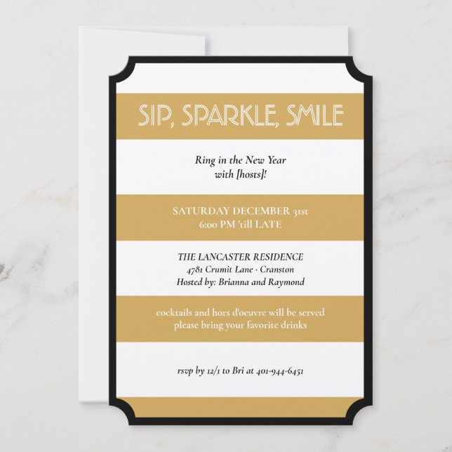 Invitación Sip Sparkle Sonríe Oro Negro Fiesta de Año Nuevo M (Anverso)