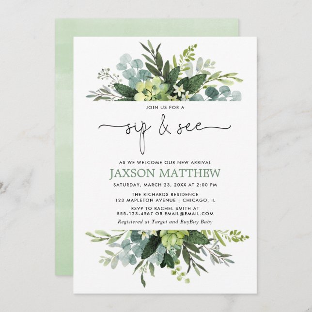 Invitación Sip ver niño ducha de bebé género eucalipto neutro (Anverso / Reverso)