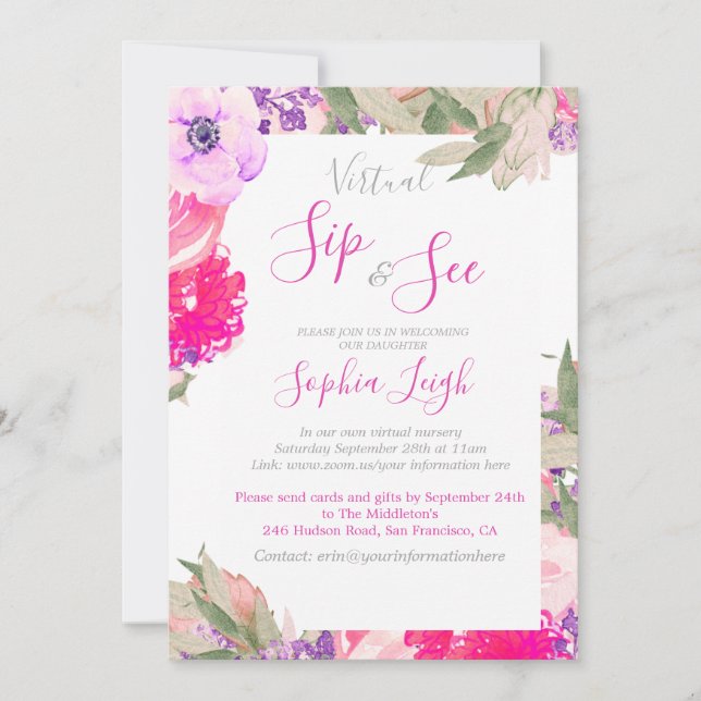 Invitación Sip virtual de guardería y ver Rosas de flores de  (Anverso)