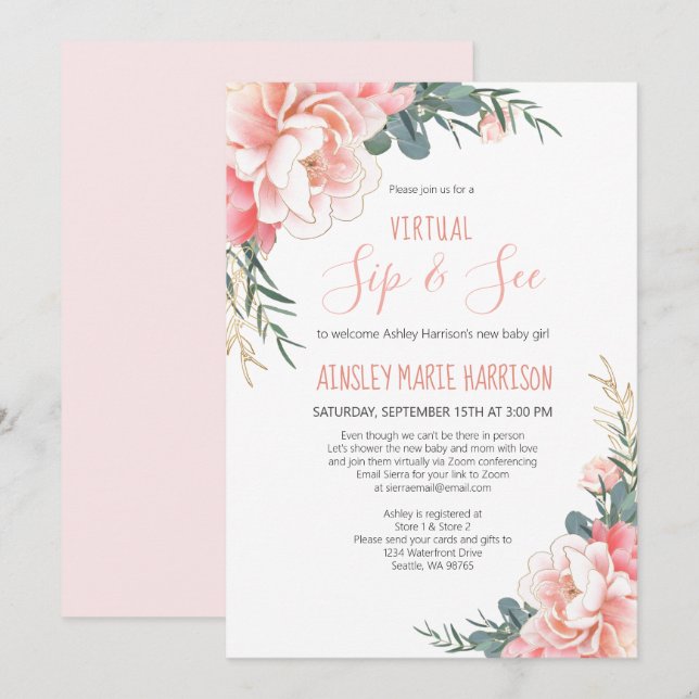 Invitación Sip virtual y vea Rubor Pink Gold Baby Shower (Anverso / Reverso)