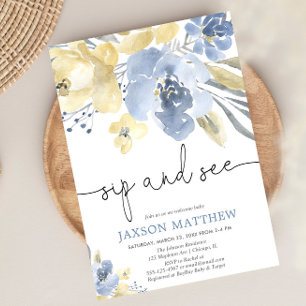 Invitación Sip y See baby boy, polvoriento amarillo floral