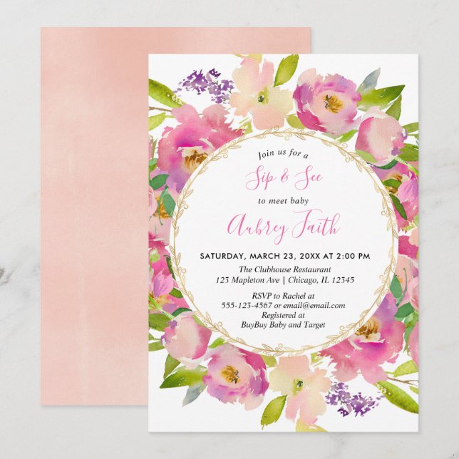 Invitación Sip y See baby girl rubia rosa pastel floral (Anverso / Reverso)