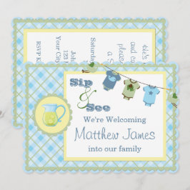 Invitación Sip y See Blue Gingham Bunting Baby Shower
