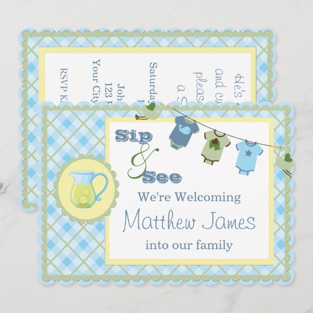 Invitación Sip y See Blue Gingham Bunting Baby Shower (Anverso / Reverso)
