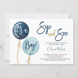 Invitación Sip y See globos azul marino bebé ducha niño Inv