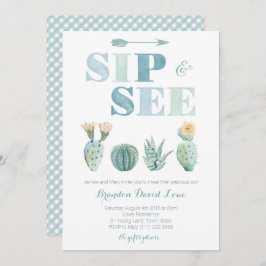 Invitación Sip y See para chico con acuarela cactus, gingham