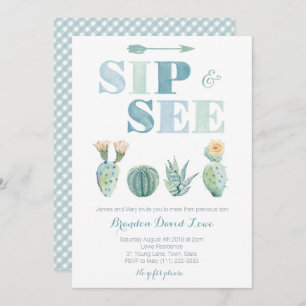 Invitación Sip y See para chico con acuarela cactus, gingham