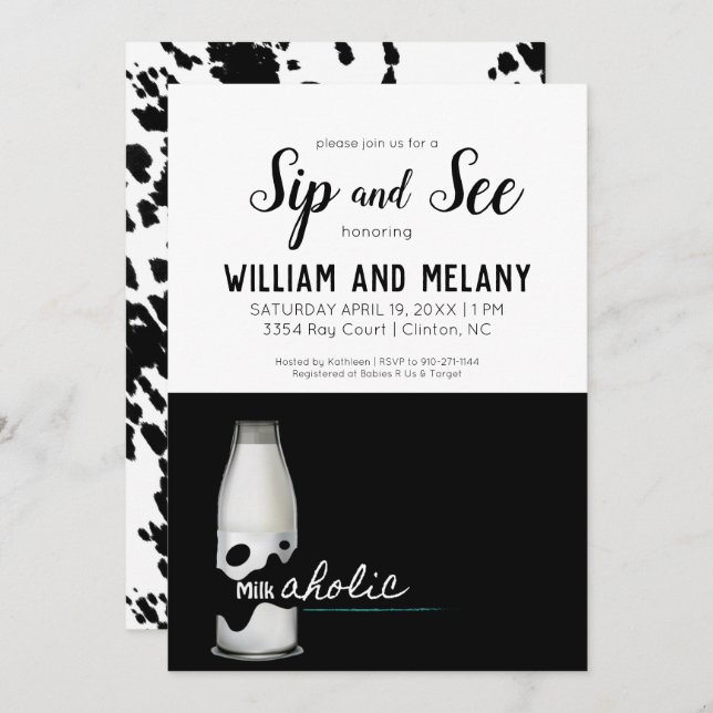 Invitación Sip y See: Un Baby Shower con código "Milkaholic" (Anverso / Reverso)