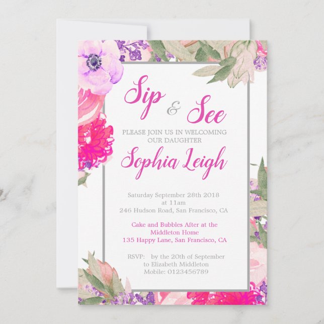 Invitación Sip y ver a los bebés Rosas florales rosados (Anverso)