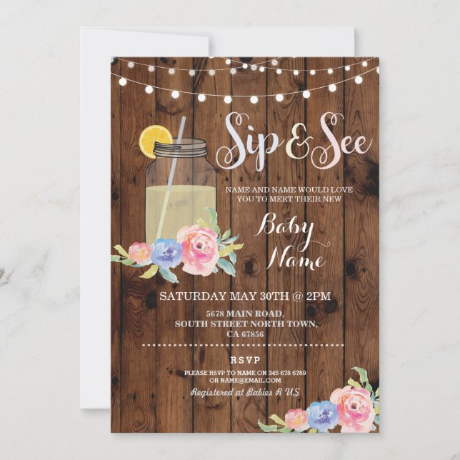 Invitación Sip y ver Baby Shower Floral Wood Rustic Invite (Anverso)