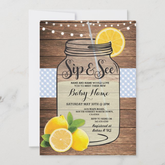 Invitación Sip y ver Baby Shower Wood Rustic Blue Invite (Anverso)