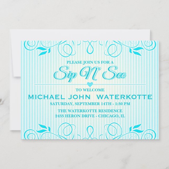 Invitación Sip y ver las modernas franjas floridas azules inv (Anverso)