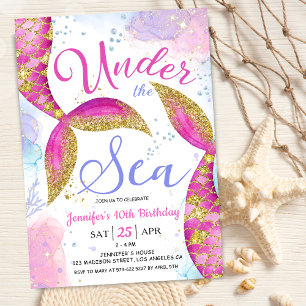 Invitación Sirena 10.º Chica de cumpleaños Rosa bajo el mar