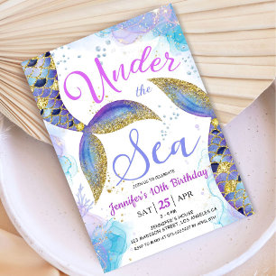 Invitación Sirena 10 años Chica Oro rosa bajo el mar