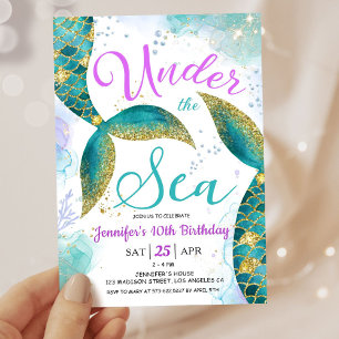 Invitación Sirena 10 años Chica rosada Verde azulada bajo el 