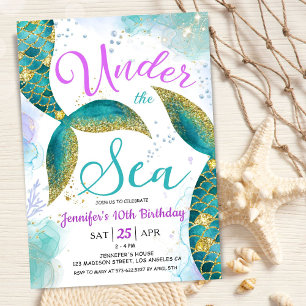 Invitación Sirena 10 años Morada Verde azulada bajo el mar