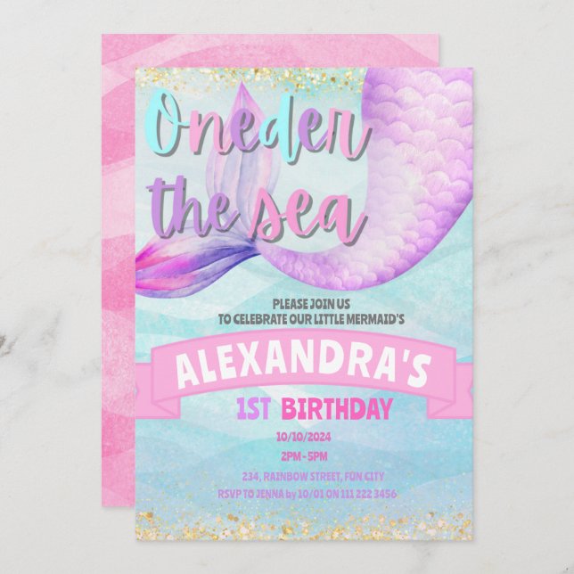 Invitación Sirena 1er cumpleaños al mar (Anverso / Reverso)