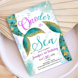 Invitación Sirena 1er cumpleaños Morada Verde azulada una con