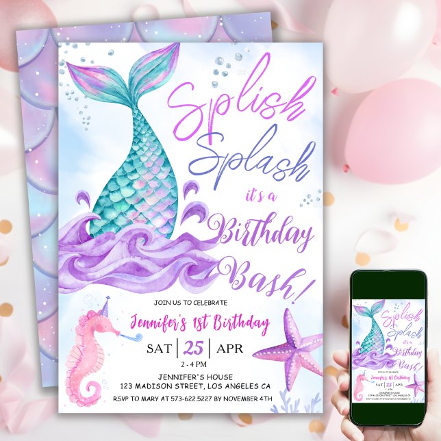 Invitación Sirena 1er cumpleaños "Splish Splash" Pink Purple (Subido por el creador)