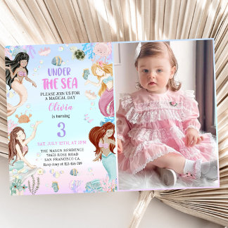 Invitación Sirena 3 cumpleaños bajo la foto del Fiesta del ma