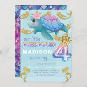 Invitación Sirena 4º cumpleaños Purpurina de oro azul rosado