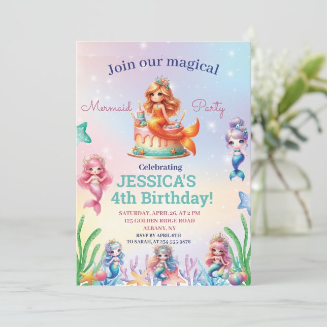 Invitación Sirena 4 Años Bajo La Foto Del Mar (Anverso de pie)
