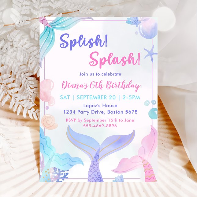 Invitación Sirena 6 Chica de cumpleaños Splish Splash Fiesta (Subido por el creador)