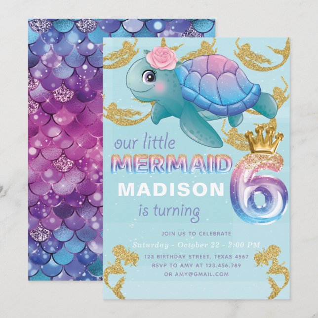 Invitación Sirena 6 cumpleaños Purpurina de oro azul rosado (Anverso / Reverso)
