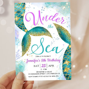 Invitación Sirena 8 cumpleaños invita a Purpurina bajo el mar