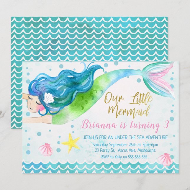 Invitación Sirena acuarela (Anverso / Reverso)