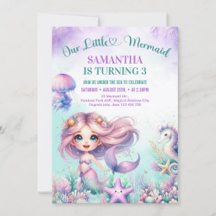 Invitación Sirena adorable morada acuarela niña cumpleaños 3