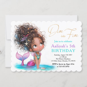 Invitación Sirena afroamericana 5 cumpleaños