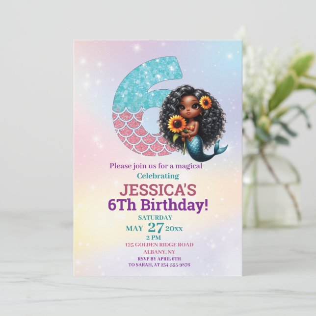 Invitación Sirena afroamericana foto de cumpleaños número 6 (Anverso de pie)