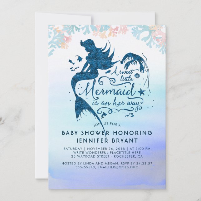 Invitación Sirena Baby Shower Bajo El Océano Marino (Anverso)