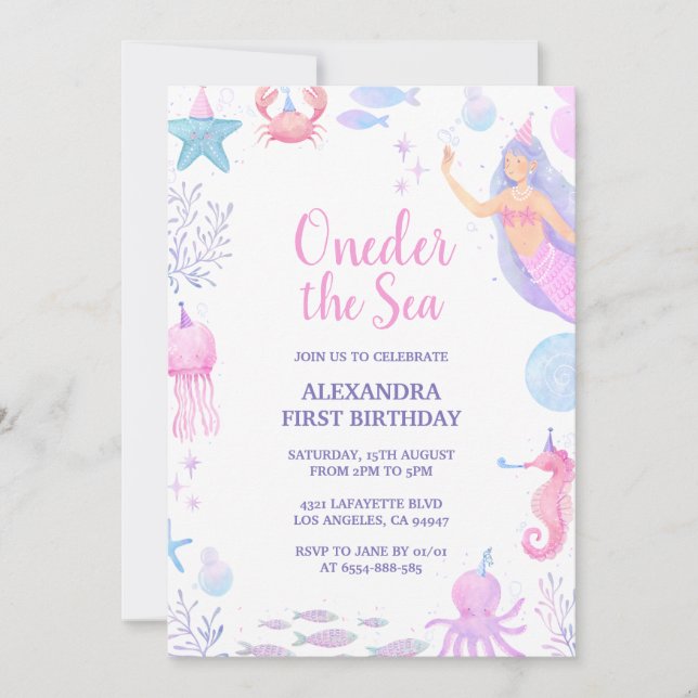 Invitación Sirena bajo el agua del mar Chica primer cumpleaño (Anverso)