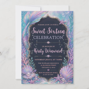 Invitación Sirena Bajo el Agua Morado Turquesa Sweet 16