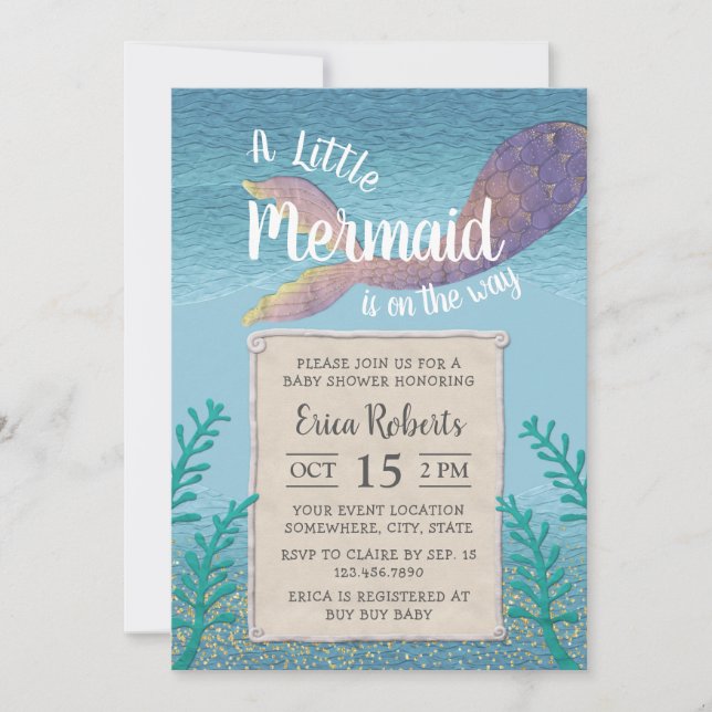Invitación Sirena bajo el Chica del mar Baby Shower (Anverso)