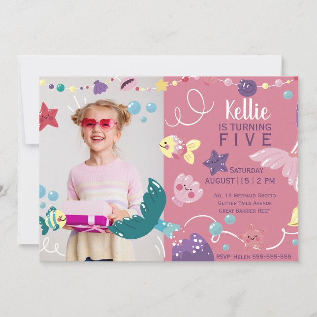 Invitación Sirena Bajo El Mar Chicas Foto De Cumpleaños De Pi (Anverso)