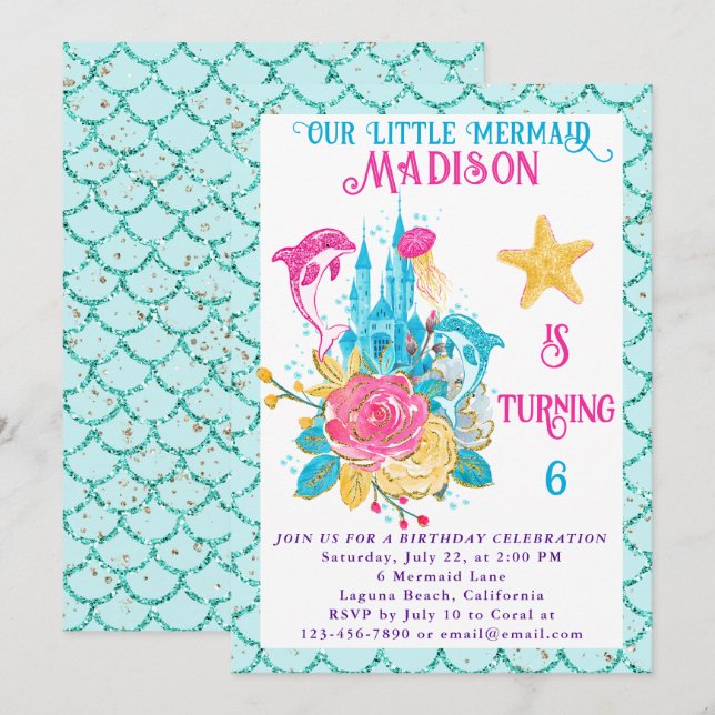 Invitación Sirena Bajo el Mar Cumpleaños Brillo Turquesa (Anverso / Reverso)