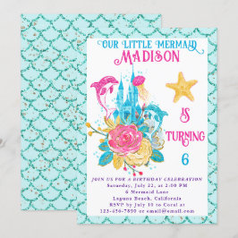 Invitación Sirena Bajo el Mar Cumpleaños Brillo Turquesa