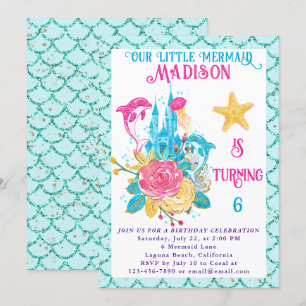 Invitación Sirena Bajo el Mar Cumpleaños Brillo Turquesa