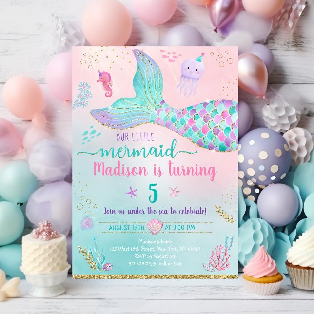 Invitación Sirena Bajo El Mar De Oro Rosa Cumpleaños (Subido por el creador)